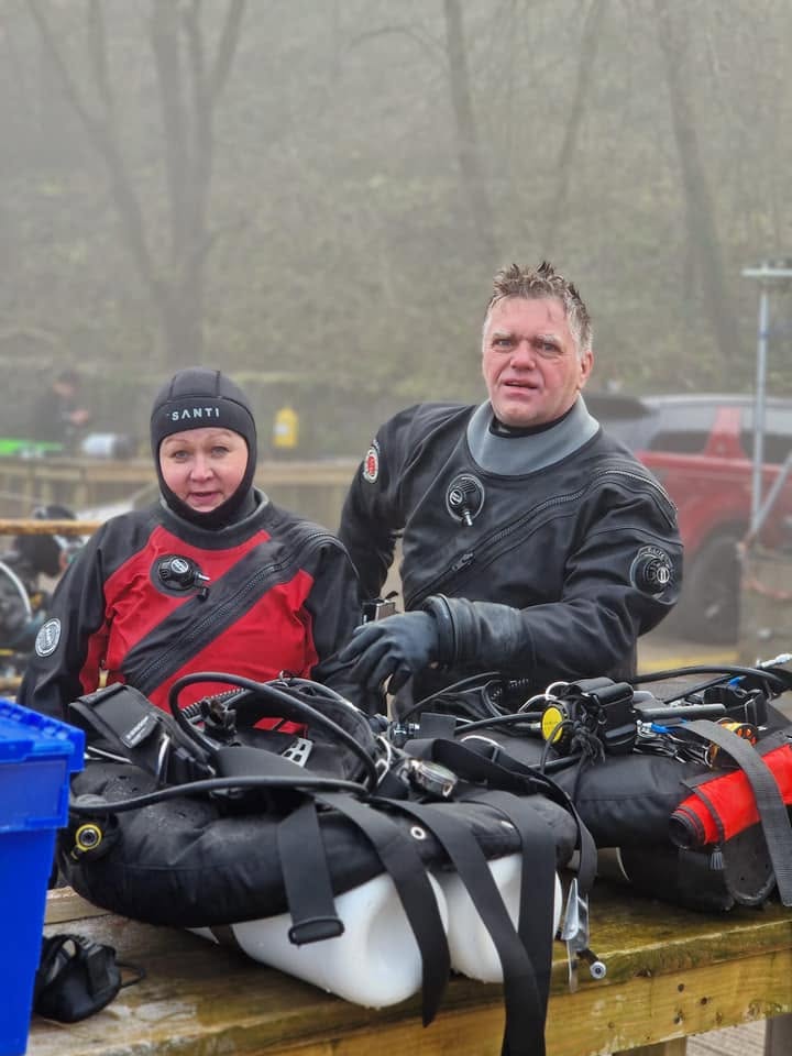 Two divers in dry suits at Vobster Quay